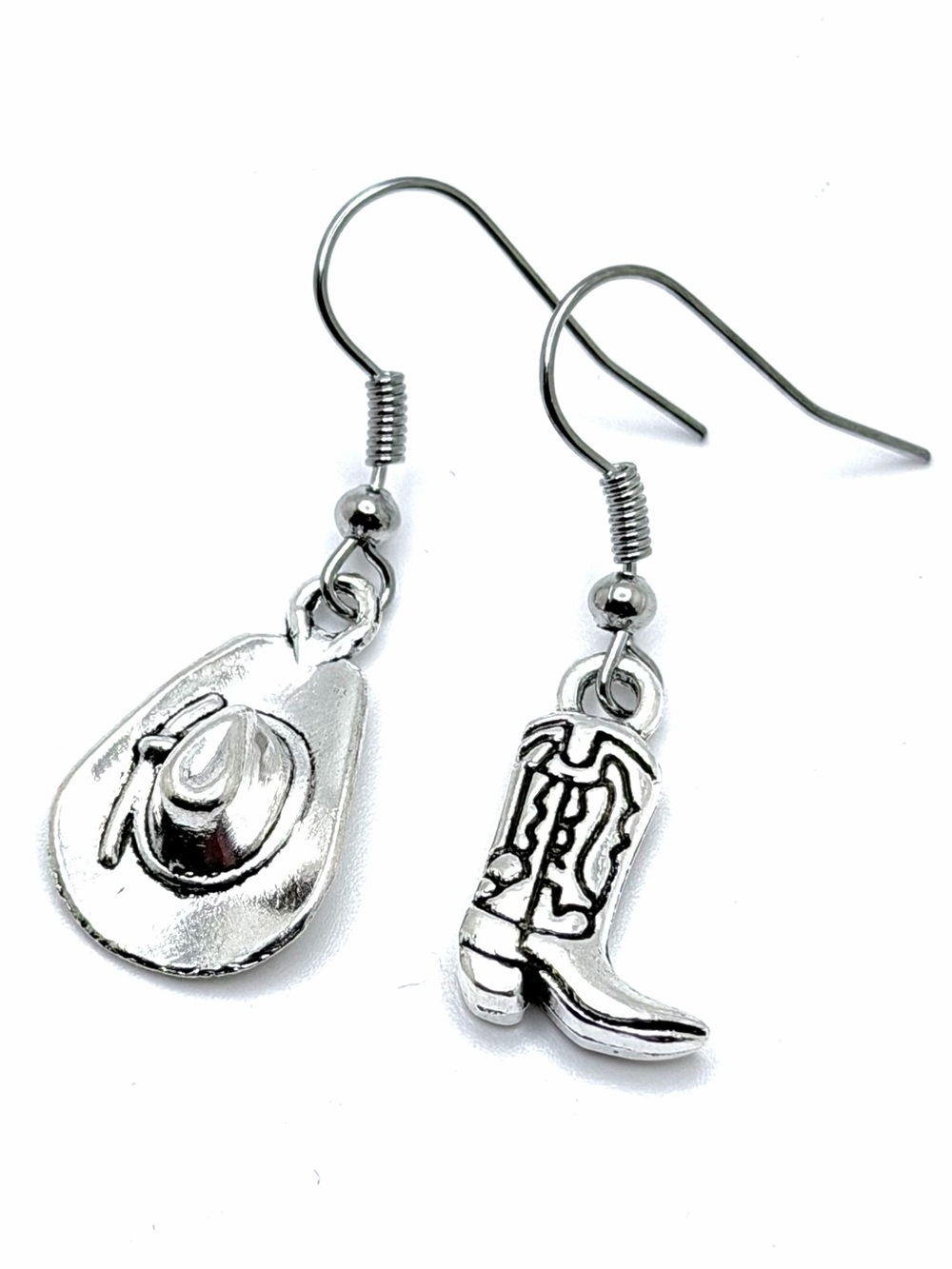 Silver Cowboy Hat & Boot Drop Earrings - Western Charm Mismatched